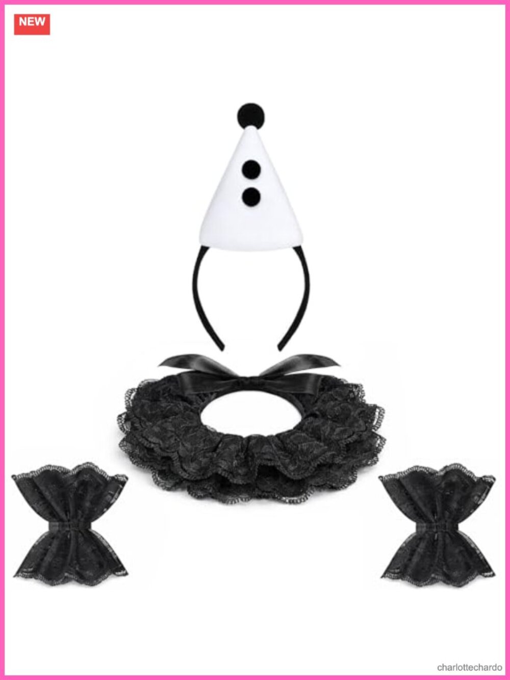 Clown Costume Accessory Set Lace Ruffle Collar Cuffs Jester Headband 4 Piece
